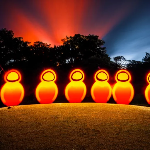 Prompt: a wide angle photo of three small orange glowing people rising into the sky, far away, inspiring, beautiful, brightly colored, paranormal