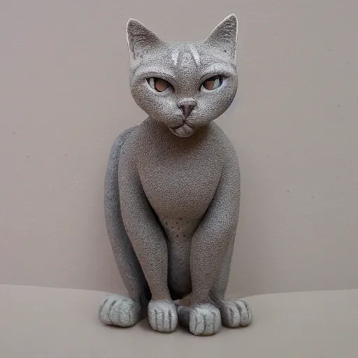 Prompt: medium - shot realistic slim clay cat, grey clay, full body, walking, rough, handmade, fingerprints on clay, masterpiece, artistic, museum, highly detailed, hq, by adam beane, by carl brenders
