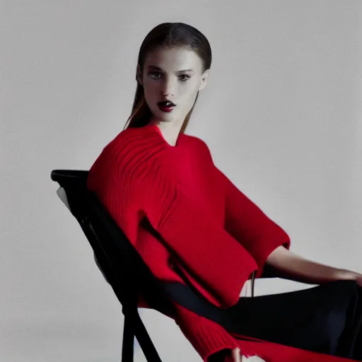 Prompt: close up of fashion model sitting on red chair, official jil sander editorial