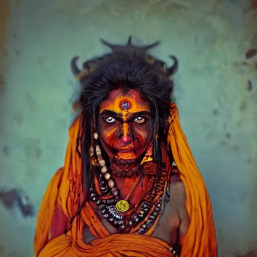 Image similar to realistic exposed expired fuji film portrait of aghori tantrik india woman, tentacled creature mix, marigold celestial vibe, hyperrealism, hypermaxiymalism, photorealistic, detailed, atmospheric, 8 k, award winning photography, cinematic