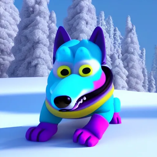 Image similar to snow rescue husky, cyan and purple snow suit, yellow headband, purple and cyan snowmobile, 3 d model, cartoony, pixar style, artstation, unreal engine, on a mountain, noon, 4 k, ultra quality