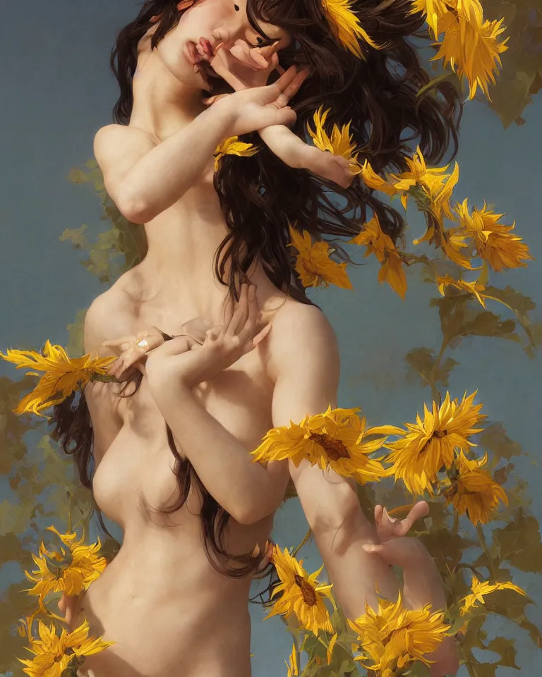 Image similar to character concept portrait of the sunflower goddess, an beautiful east-asian deity that channels sunlight and brings joy, intricate, elegant, digital painting, concept art, smooth, sharp focus, illustration, from Metal Gear, by Ruan Jia and Mandy Jurgens and William-Adolphe Bouguereau, Artgerm