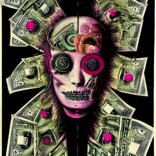 Image similar to post - punk new age album cover, asymmetrical design, dollar sign, money, magic, apocalypse, psychedelic, black white pink, magic, giger h. r., giuseppe arcimboldo