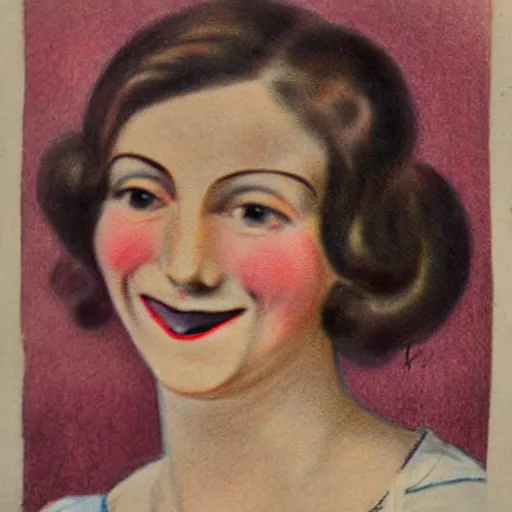 Prompt: a 1 9 2 8 color drawing portrait. calm, happy, healthy, smiling, sporty parisienne la couture in simple slender wear with beautiful smile and healthy teeth. realistic, high quality.