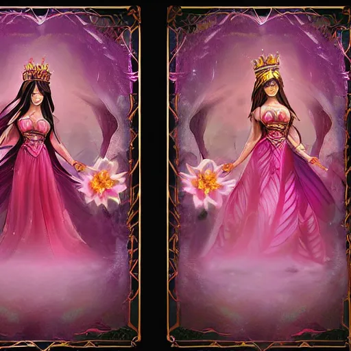 Image similar to pink lotus flower queen wearing pink floral lotus crown, hearthstone art style, epic fantasy style art, fantasy epic digital art, epic fantasy card game art