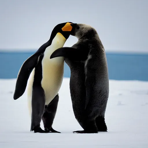 Image similar to a penguin fighting a polar bear