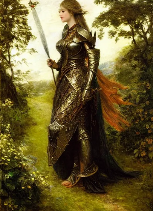 Image similar to woman in dark princess dragon armor, walking on the mystical garden, portrait. by william henry hunt