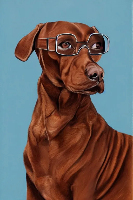 Prompt: photorealistic portrait painting of a brown german dogue wearing a elegant letter coat, wearing glasses, driving