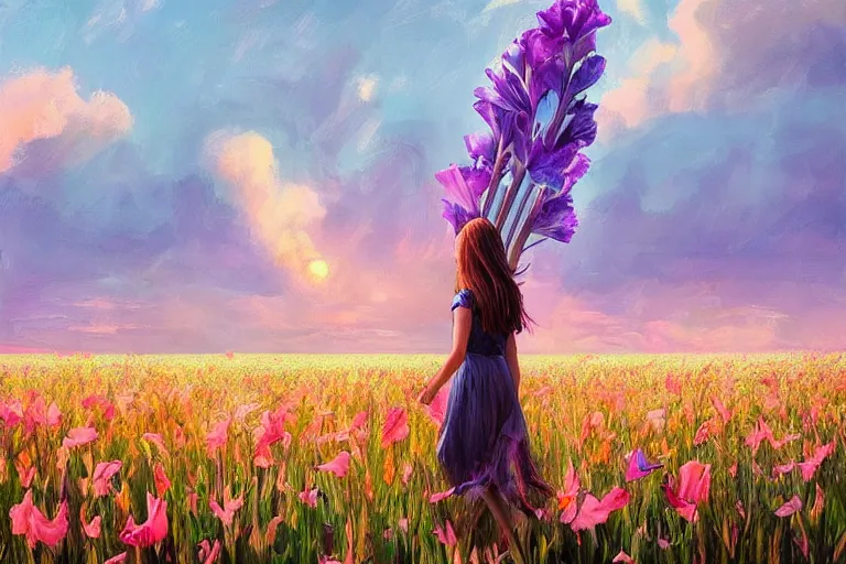 Image similar to giant gladiola head, girl walking in field of flowers, surreal photography, sunrise, blue sky, dramatic light, impressionist painting, digital painting, artstation, simon stalenhag