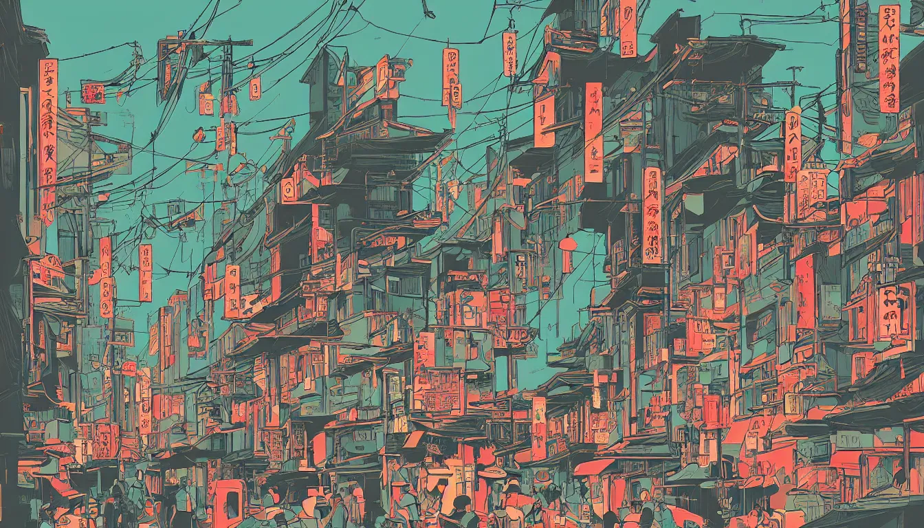 Image similar to old Japanese Street scene by Kilian Eng, minimalist, detailed