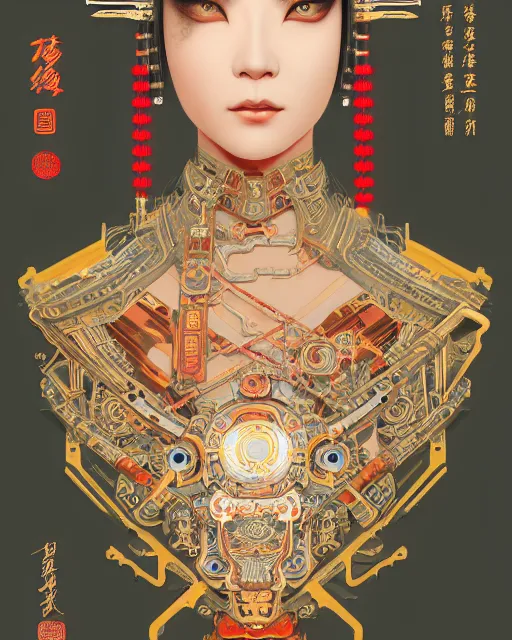 Image similar to portrait of a cyberpunk machine, machine face, upper half portrait, decorated with chinese opera motifs, asian, fine china, wuxia, traditional chinese art, intricate, elegant, highly detailed, symmetry, headpiece, digital painting, artstation concept art smooth sharp focus, illustration, art by artgerm and greg rutkowski alphonse mucha 8 k