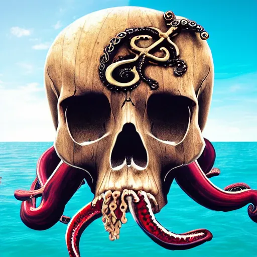 Prompt: skull of a pirate with tentacles protruding out at the bottom of the ocean photo realistic