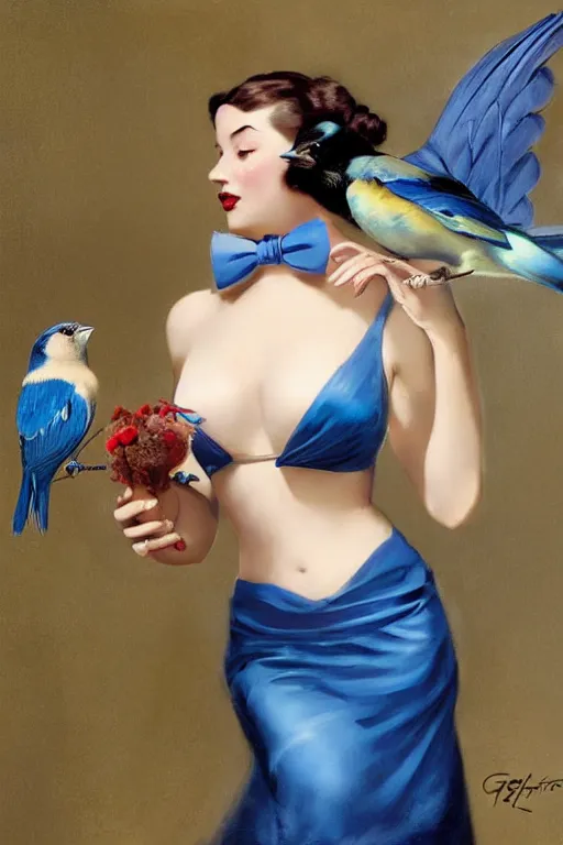 Image similar to hyper realistic painting, tasteful pinup girl holding an indigo bunting, bird, the bird is wearing a bowtie, by greg rutkowski, rossdraws, gil elvgren, enoch bolles, anime, porcelain skin, very coherent