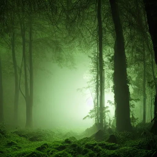 Image similar to deep rain forest scene, dark, dense fog, greenish lights