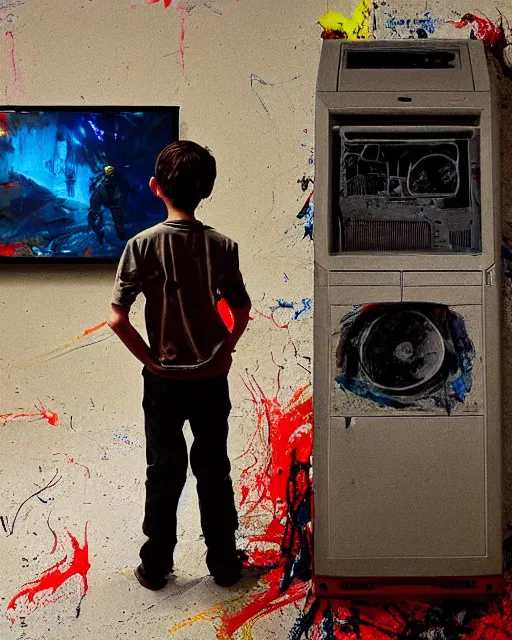 Image similar to an 8 years old enlightened and scared boy standing in front of an old computer with a game doom2 at the monitor screen painted by Adrian Ghenie and Willem de Kooning and Cy Twombly, still from a 2021 movie by James Cameron. expressive acrylic flowing smudged painting