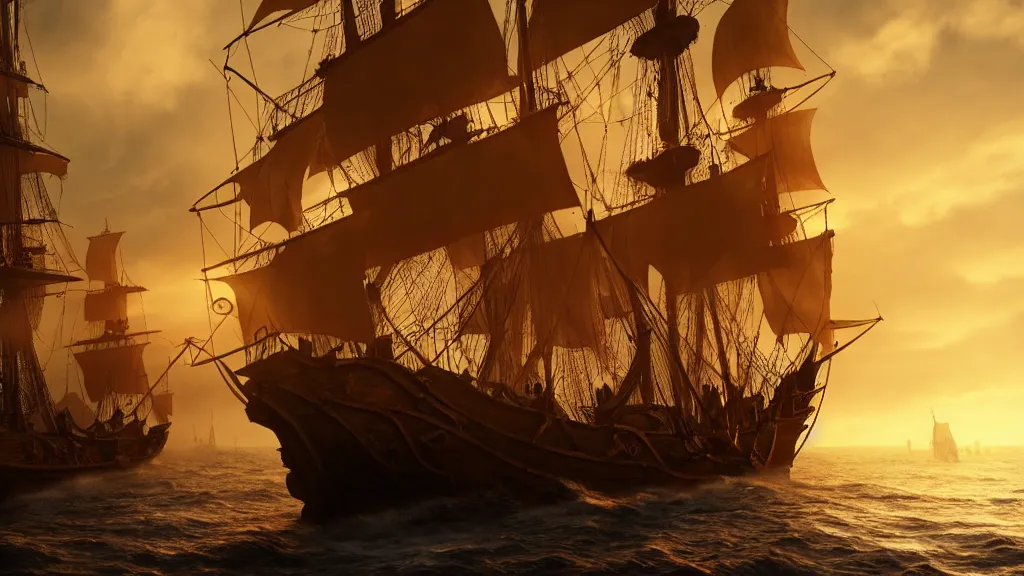 Prompt: a pirate ship, low angle, cinematic, golden hour, artstation, hd, mist