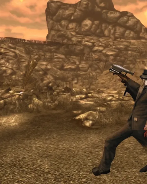 Prompt: Trump in Fallout New Vegas, gameplay screenshot, mid-shot