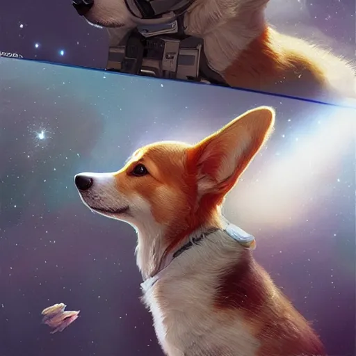 Prompt: adorable corgi in outer space, lifelike, hyperrealistic, extremely detailed digital illustration, greg rutkowski, artgerm, moebius, ruan jia, award - winning, masterpiece