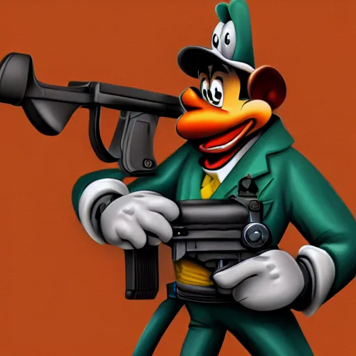 Prompt: Photorealistic Goofy holding a machine gun, Hyperdetailed, 108 megapixels, artstation concept art