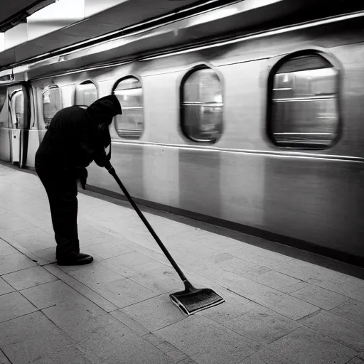 Prompt: A photo of a janitor sweeping a subway station, award-winning photography