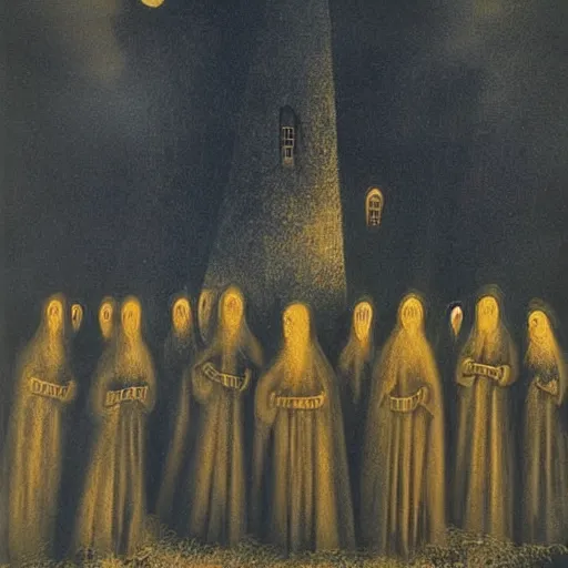 Image similar to A A Holy Week procession of souls in a Spanish landscape at night by Remedios Varo.