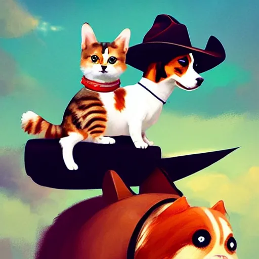 Image similar to tiny cat as a girl in cowboy hat riding on the back of a giant corgi by greg rutkowski