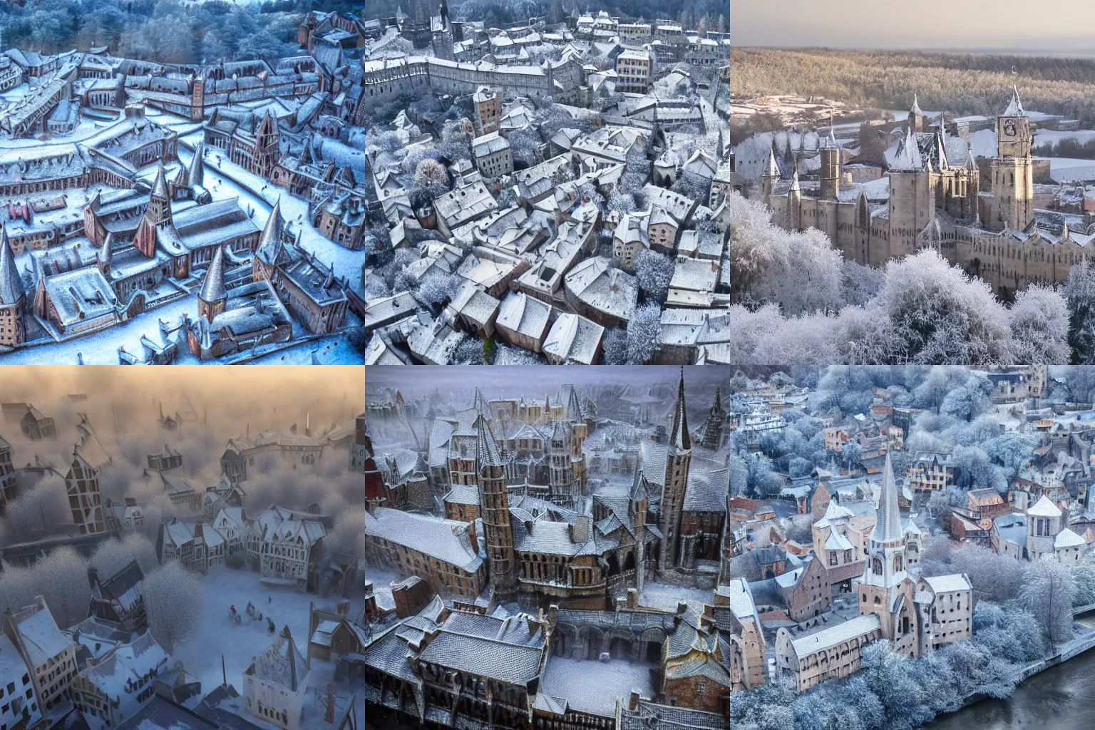 Prompt: A photograph of a medieval city covered in Frost. Realistic