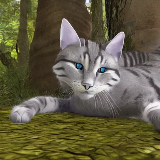 Prompt: wounded grey striped cat lying on the ground in a warrior cats forest, unreal engine