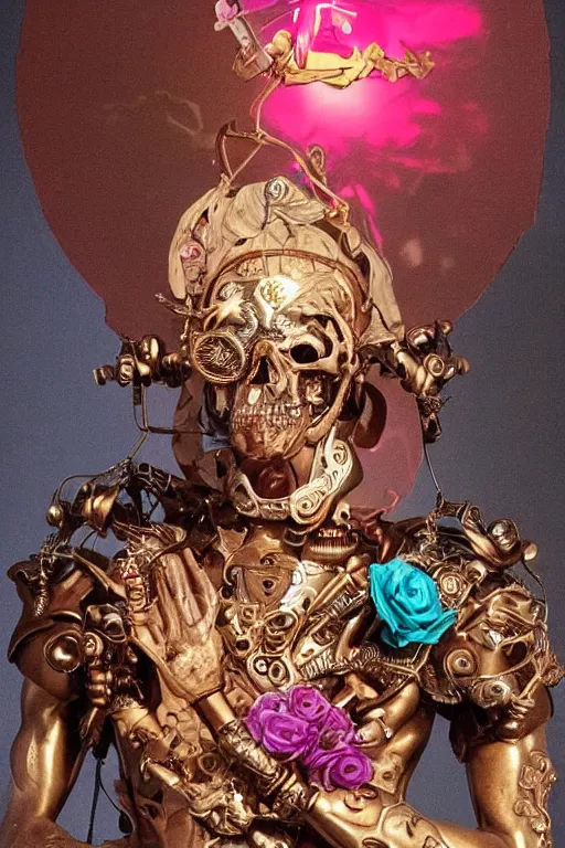 Image similar to a young handsome Spanish metal android with a large glowing pink lit crystal in the center of his chest, full-body bronze cyberpunk style statue of Icarus with glowing red eyes, crown of mechanical peach roses, flowing teal-colored silk, fabric, steampunk flowers. baroque elements, human skull. full-length view. baroque element. intricate artwork by caravaggio. many flying horses on background. Trending on artstation, octane render, cinematic lighting from the right, hyper realism, octane render, 8k, depth of field, 3D