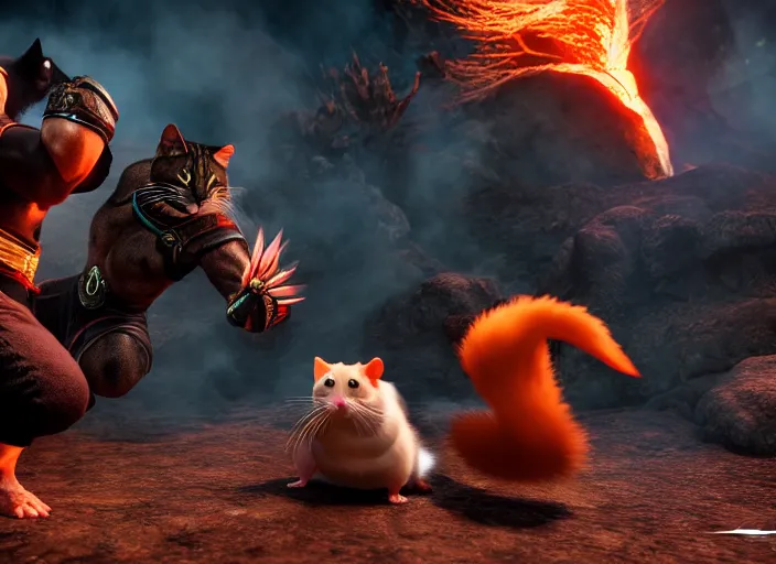 Image similar to hamster fights a cat in mortal kombat at a volcano with shao khan cheering in the background. fantasy magic style. highly detailed 8 k. intricate. lifelike. soft light. sony a 7 r iv 5 5 mm. unreal engine with nanite and path tracing