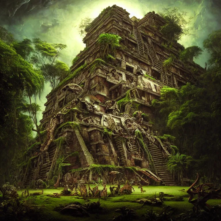 Image similar to surreal painting of crashed mayan aztec spaceship overgrown by jungle by hieronymus bosch, harsh flash photo at night, baroque painting, perfect composition, detailed octane render trending on artstation, 8 k artistic photography, volumetric cinematic perfect light, chiaroscuro, masterpiece, raphael, caravaggio, beksinski, rutkowski, beeple