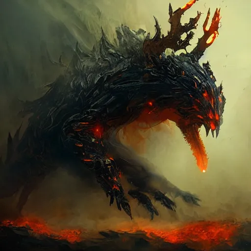 Prompt: A fire elemental monster, feral, horrific, drawn by Ruan Jia, fantasy art, dramatic lighting, digital art,highly detailed