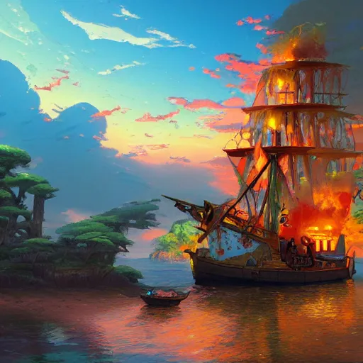 Prompt: Landscape of Pirates island and a pirate boat, vivid color, by Makoto Shinkai and James gilleard Eiichirō Oda, Thomas kinkade