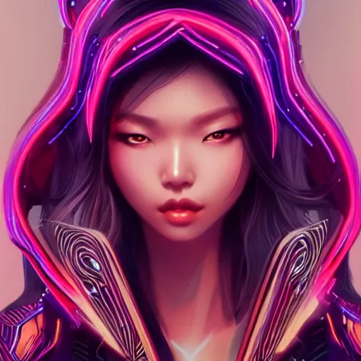 Image similar to portrait of asian female humanoid, intricate, elegant, cyber neon lights, highly detailed, digital illustration, trending in artstation, trending in pinterest, glamor pose, concept art, smooth, sharp focus, art by artgerm and greg rutkowski