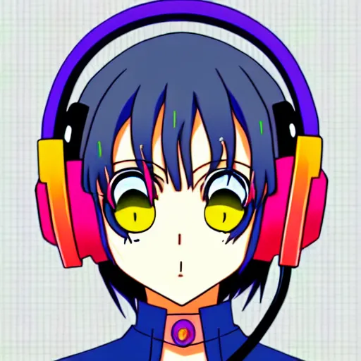 Image similar to An anime character's head wearing retro headphones. 90s anime, Sailor Moon, Neon Genesis, official art, flat cell shading, fantastic screenshot art, trending on artstation, muted nostalgic colors