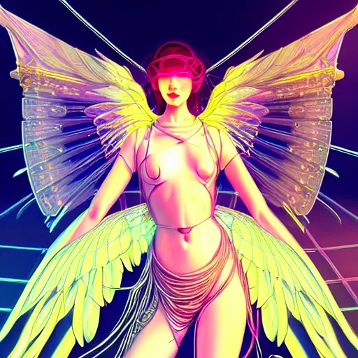 Image similar to portrait futuristic goddess angel Girl with wings and halo and armor and feathers, in future cyberpunk tokyo rooftop , ssci-fi, fantasy, intricate, very very beautiful, elegant, human anatomy, human structure, neon light, highly detailed, digital painting, artstation, concept art, smooth, sharp focus, illustration, art by tian zi and WLOP and alphonse mucha