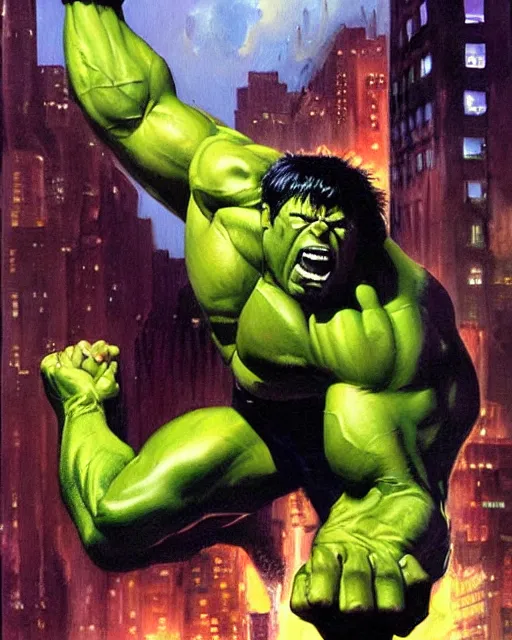 Image similar to a moody oil painting of the incredible hulk on a rampage in new york city by joe jusko. dramatic lighting. action and destruction.