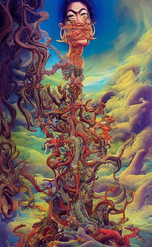 Prompt: ultrawide angle colour masterpiece surreal closeup portrait photography of hindu god creatures by miho hirano and annie leibovitz and michael cheval, weird surreal epic psychedelic complex biomorphic 3 d fractal landscape in background by kilian eng and roger dean and salvador dali and beksinski, 8 k