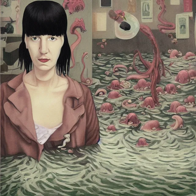Image similar to tall female emo artist wearing a pig mask in her flooded apartment, mushrooms, octopus, water gushing from ceiling, painting of flood waters inside an artist's apartment, a river flooding indoors, pomegranates, ikebana, zen, rapids, waterfall, black swans, canoe, berries, acrylic on canvas, surrealist, by magritte and monet
