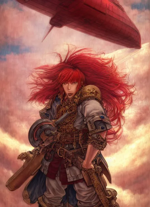 Image similar to prompt : ragnarok online portrait soft light painted by james jean and katsuhiro otomo and erik jones, inspired by akira anime, epic fantasy, a long red haired, red bearded male sky - pirate standing in front of an airship, intricate oil painting, high detail illustration, sharp high detail, manga and anime 1 9 9 9