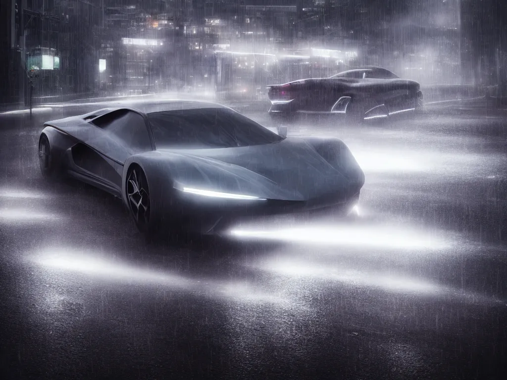 Prompt: telephoto portrait of a Futuristic supercar on wet city streets, mist, dramatic lighting, high contrast, volumetric lighting, octane, cyberpunk