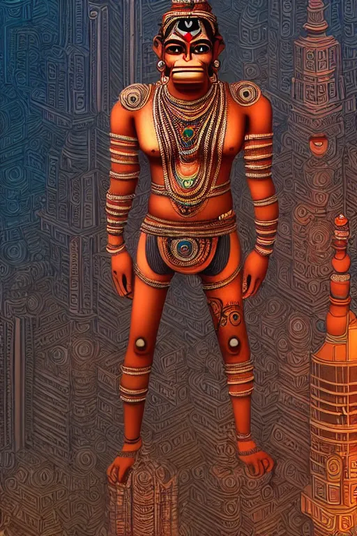 Image similar to high quality 3 d render very cute cyborg!! hanuman! madhubani, highly detailed, cyberpunk mumbai in the background, unreal engine cinematic smooth, in the style of solaris, hannah yata charlie immer, moody light, low angle, uhd 8 k, sharp focus