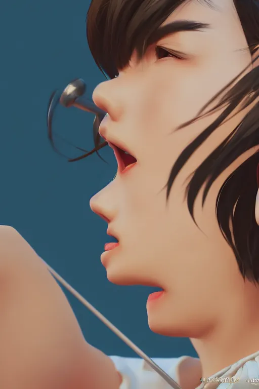 Image similar to a side view portrait of cute Asian girl singing, short hair, in the style of DreamWorks animation, low angle view, 16mm lens, award winning, hyper detailed, dramatic lighting, artstation, octane renderer, unreal engine