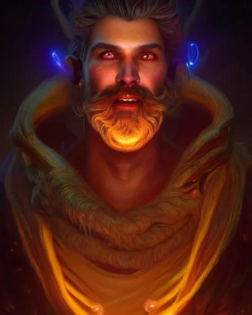 Image similar to epic fantasy render portrait of a despairing bioluminescent man with a beard with glowing eyes, dark retrowave, highly detailed, digital painting, cinematic, hyperrealism, rpg portrait, dynamic lighting, art by boris vallejo and julie bell and magali villeneuve and alphonse mucha, artstation, octane render, cgsociety