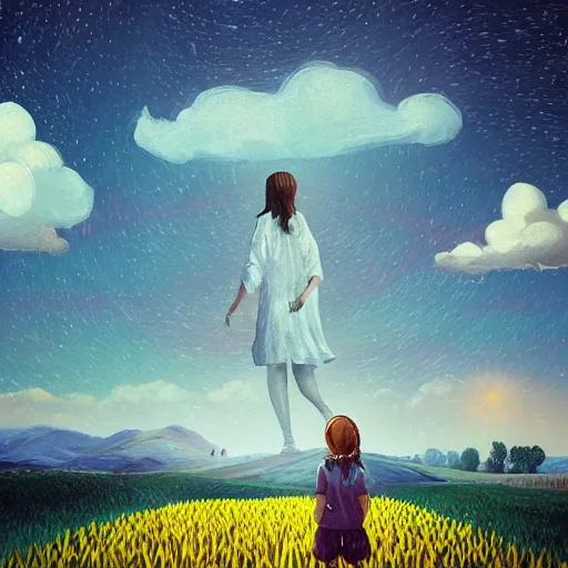 Prompt: giant daisy flowers as a head, girl walking in wheat field, hills, surreal photography, dark night, star trails, impressionist painting, dramatic clouds, digital painting, artstation, simon stalenhag