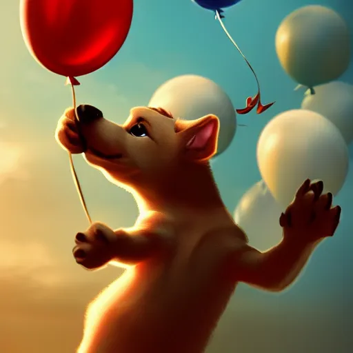 Prompt: puppy flying holding balloons, 8k, fantasy, cinematic lighting, highly detailed, digital painting, artstation, smooth, sharp focus, illustration, by Pixar