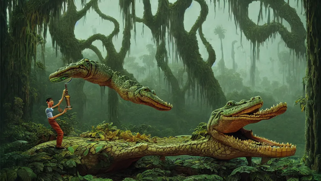 Prompt: a man with the head of an alligator holding a saxaphone, intricate, detailed, volumetric lighting, sharp focus, scenery, photorealism, digital painting, highly detailed, concept art, by roger dean and simon stalenhag and mark brooks