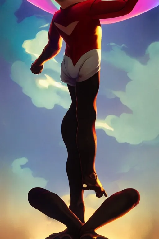 Image similar to portrait of Astroboy, centered full body pose, zenith angle, shadowy area, dramatic lighting, concept art, digital painting, Unreal Engine 5, 8K, art by artgerm and Greg Rutkowski and Alphonse Mucha