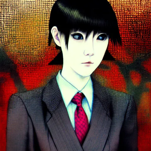 Image similar to yoshitaka amano blurred and dreamy realistic three quarter angle portrait of a young woman with short hair and black eyes wearing office suit with tie, junji ito abstract patterns in the background, satoshi kon anime, noisy film grain effect, highly detailed, renaissance oil painting, weird portrait angle, blurred lost edges