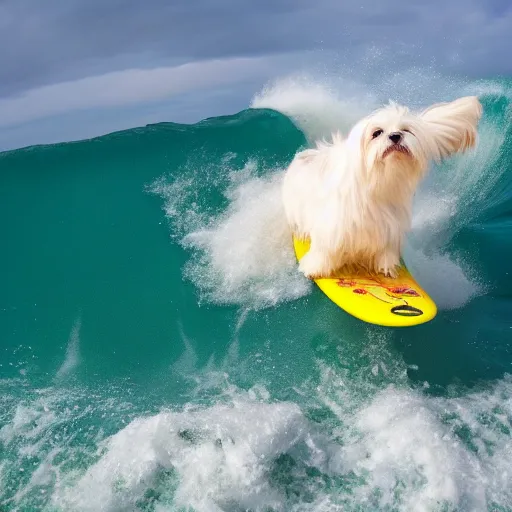 Prompt: a cream-colored havanese dog big wave surfing, gopro photo, 4k